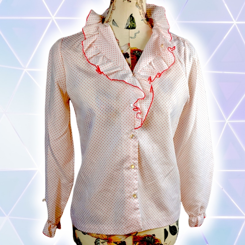 Vintage Rhoda Lee red & white polka dot ruffle neck '70s polyester blouse, 10 s